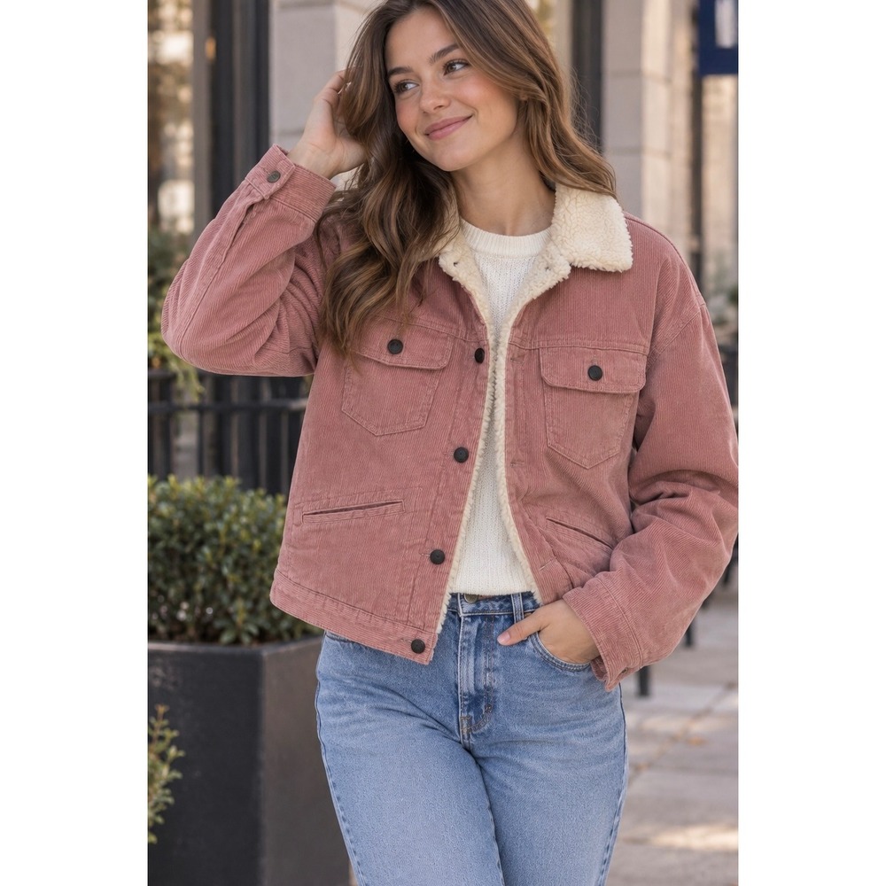 Gap Pink Corduroy Sherpa Lined Trucker Jacket Size L Dusty Rose Boho Casual